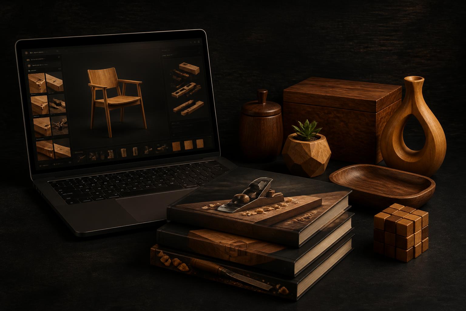 Composición del Combo 3 en 1: herramientas digitales, guías de acabados y proyectos decorativos de madera